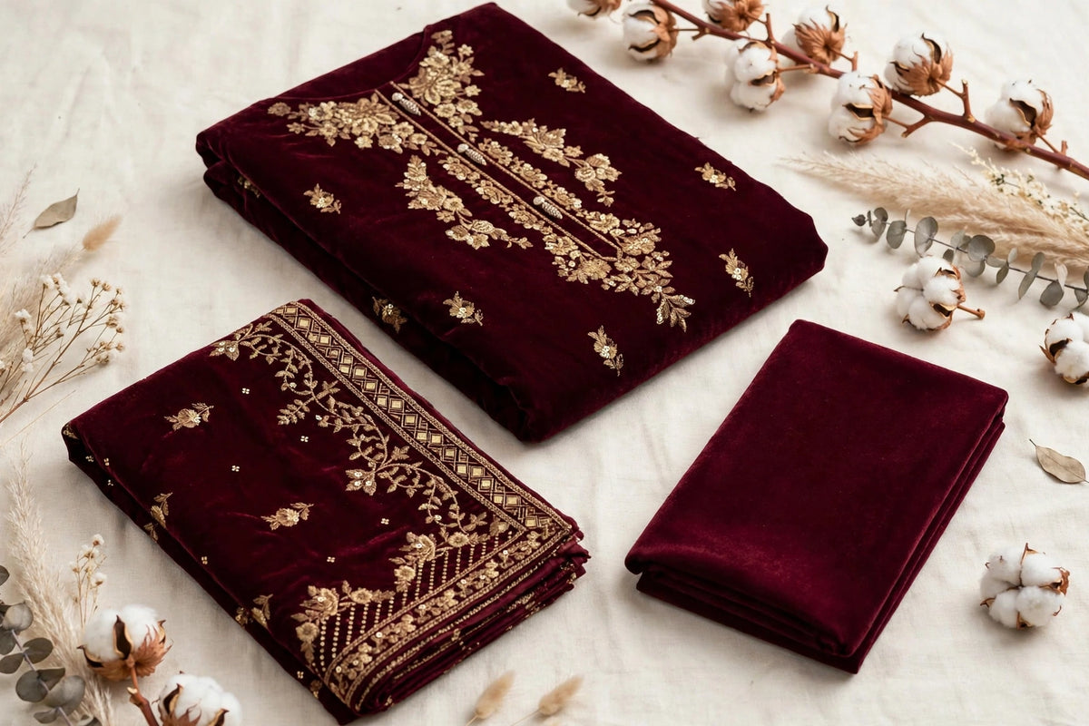 Deep Maroon Gold Velvet 3-Piece | VN-020