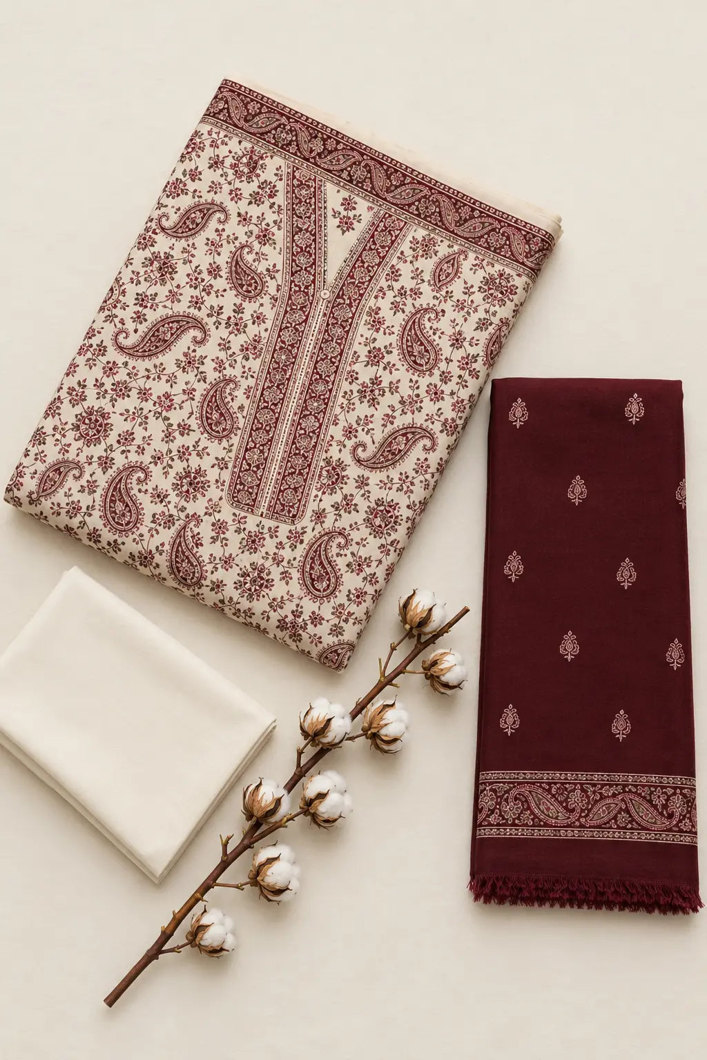 Ivory Paisley — Maroon Embroidered Dhanak 3-Piece | VN-024