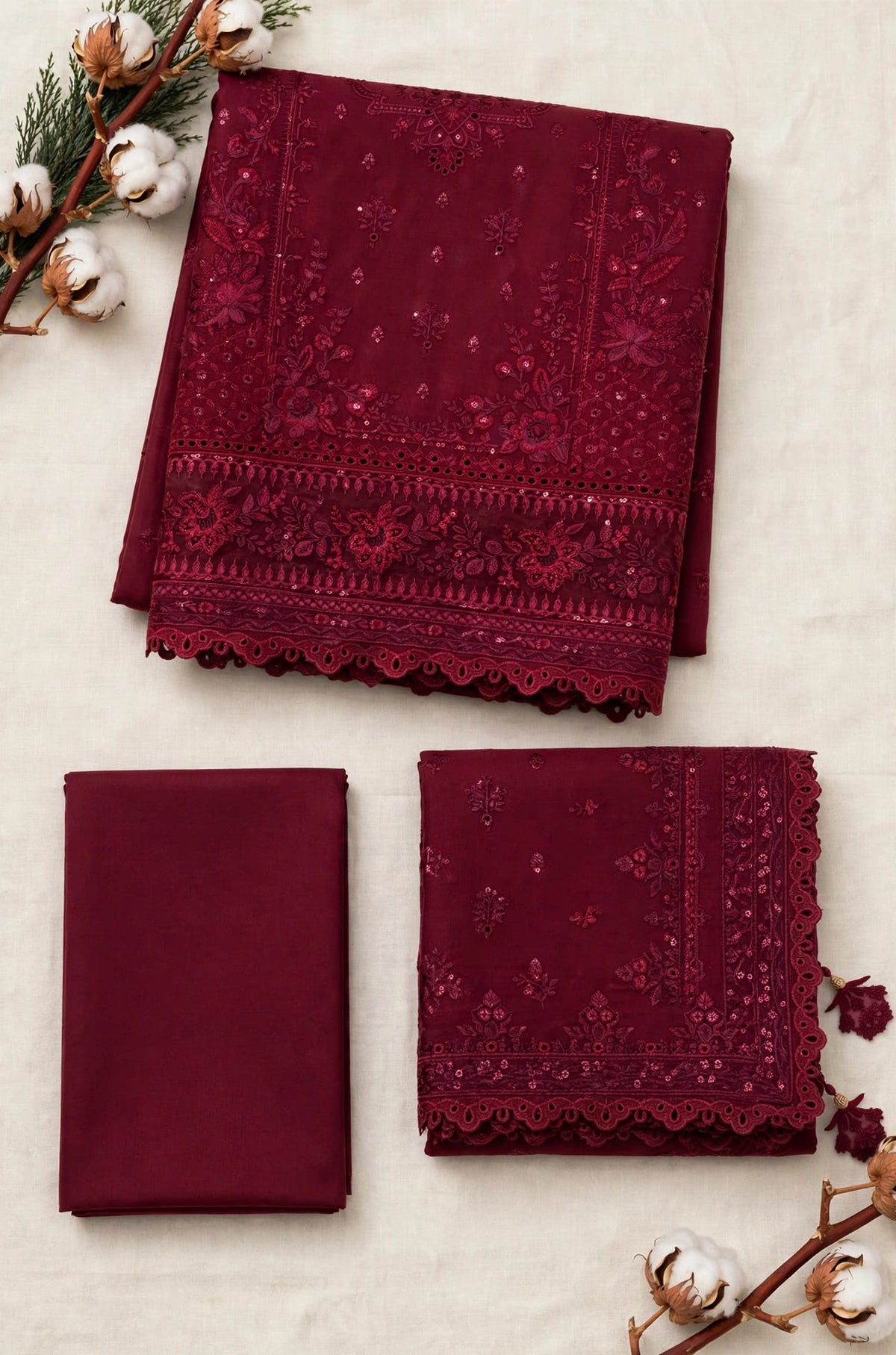 Zarqash — Maroon Sequence Embroidered Dhanak 3-Piece | VN-002