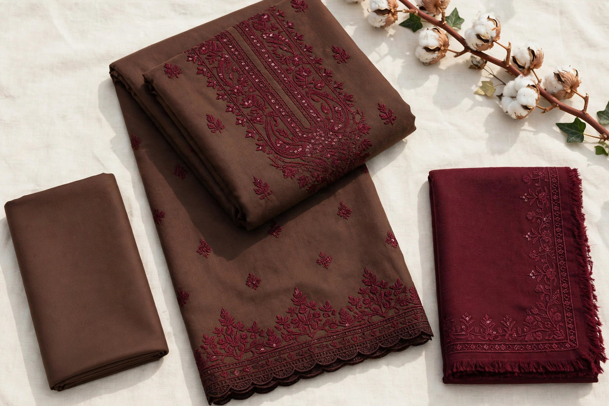 Asim Jofa D-405 — Brown & Maroon Embroidered Dhanak 3-Piece | VN-005