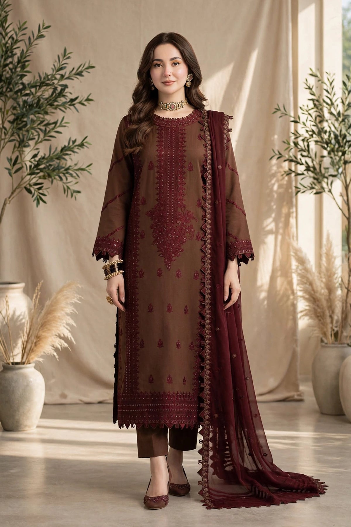 Asim Jofa D-405 — Brown & Maroon Embroidered Dhanak 3-Piece | VN-005