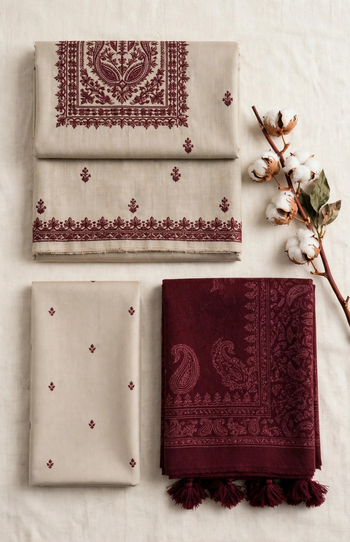 Gulnaar — Beige & Maroon Embroidered Dhanak 3-Piece | VN-001
