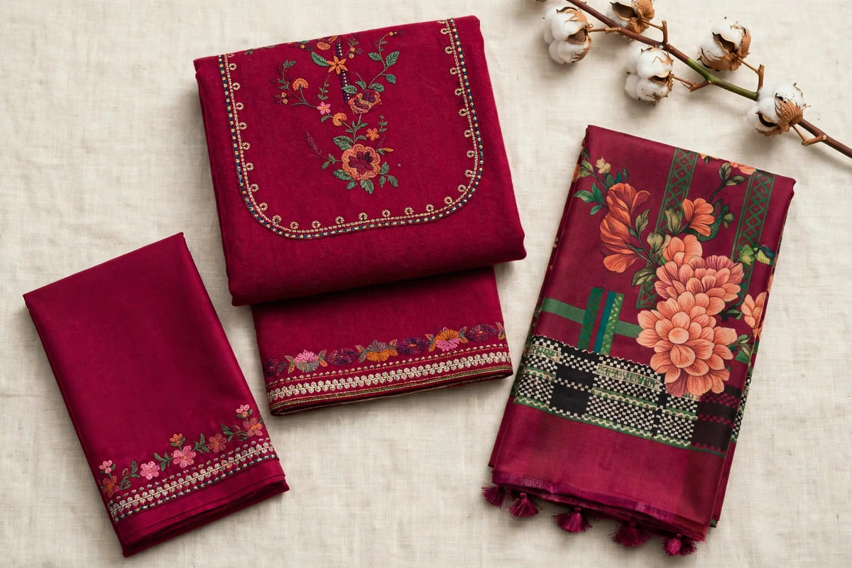 Magenta — Floral Embroidered Dhanak 3-Piece | VN-007