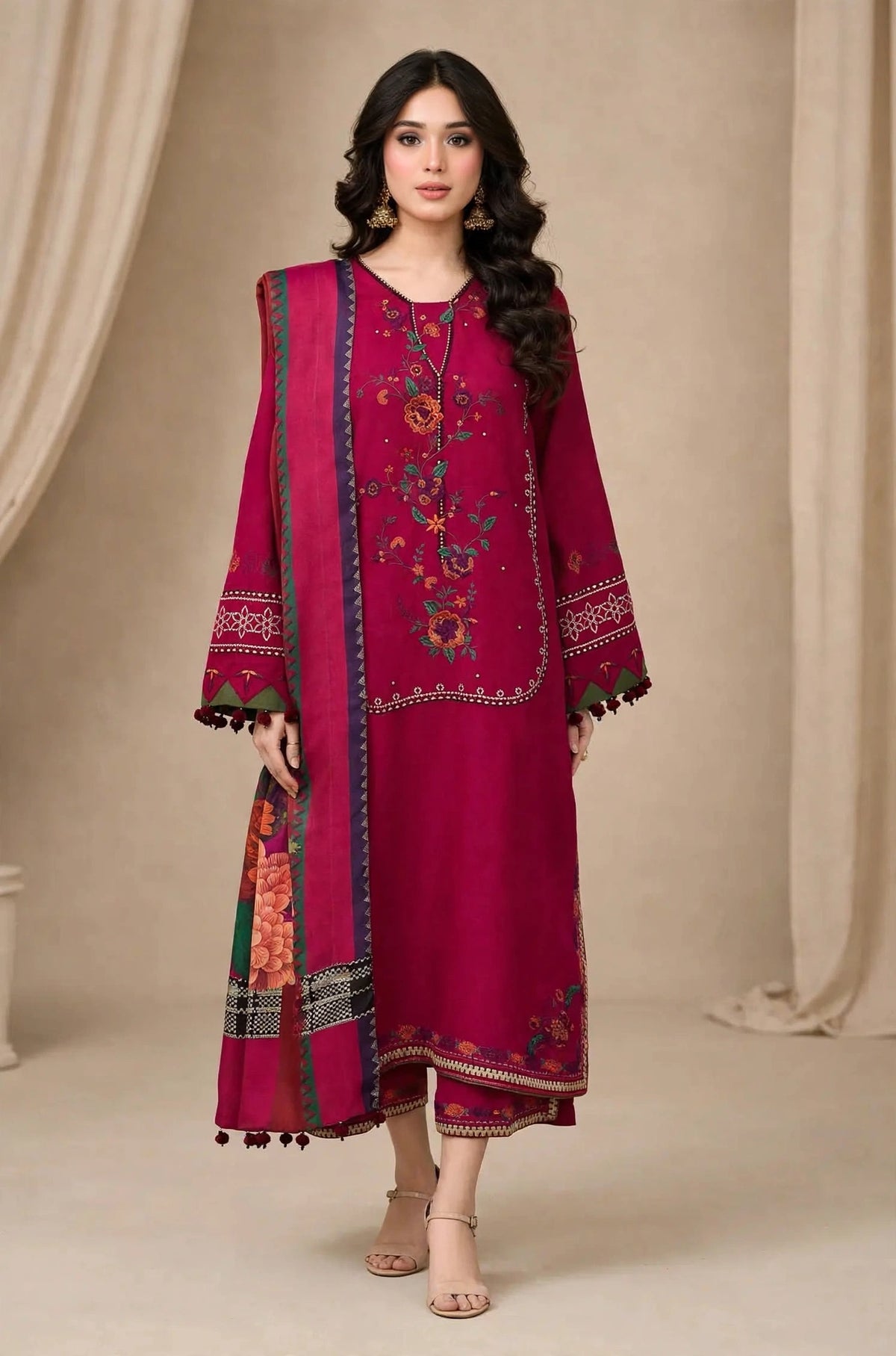 Magenta — Floral Embroidered Dhanak 3-Piece | VN-007