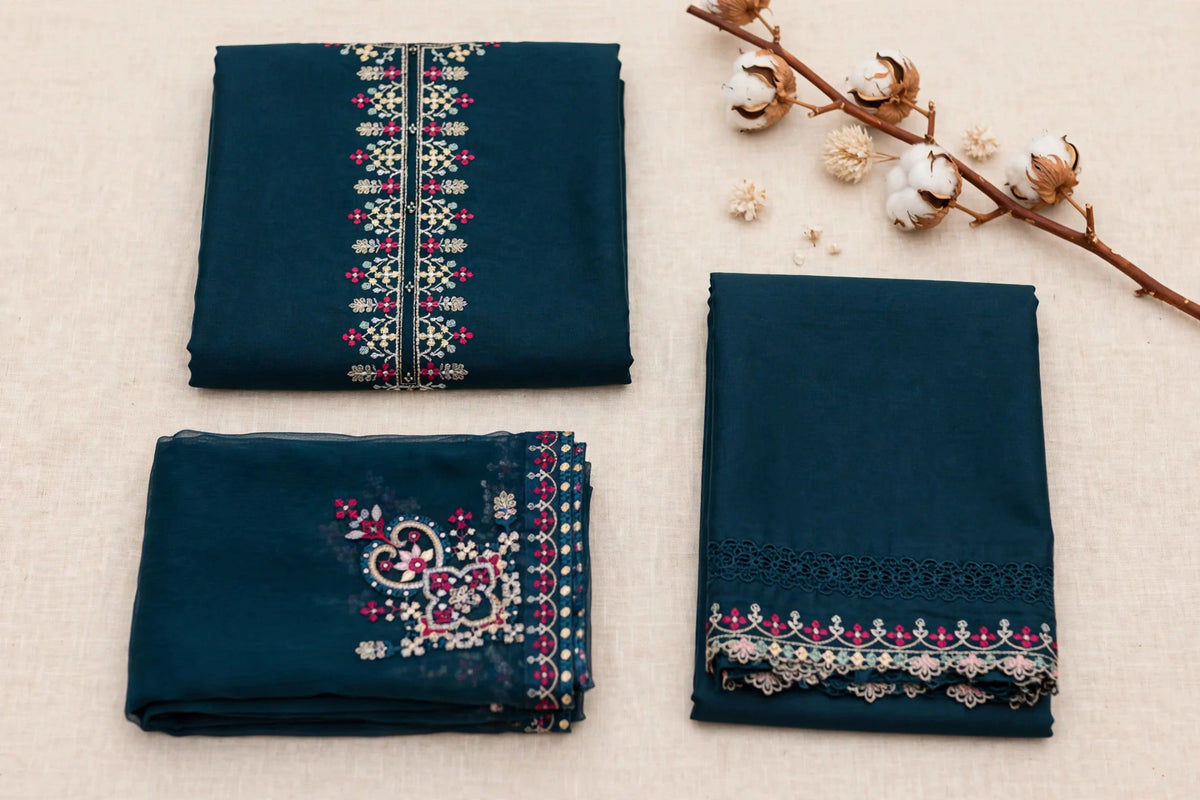 Garnet — Teal & Multicolor Embroidered Dhanak 3-Piece | VN-008