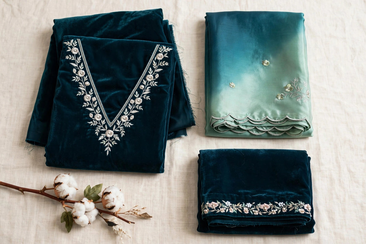 Deep Teal Embroidered Velvet 3-Piece | VN-010