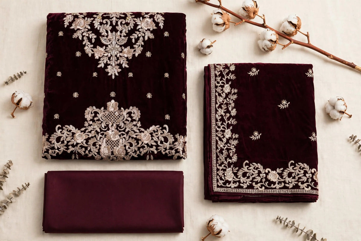 Deep Maroon Floral Velvet 3-Piece | VN-012