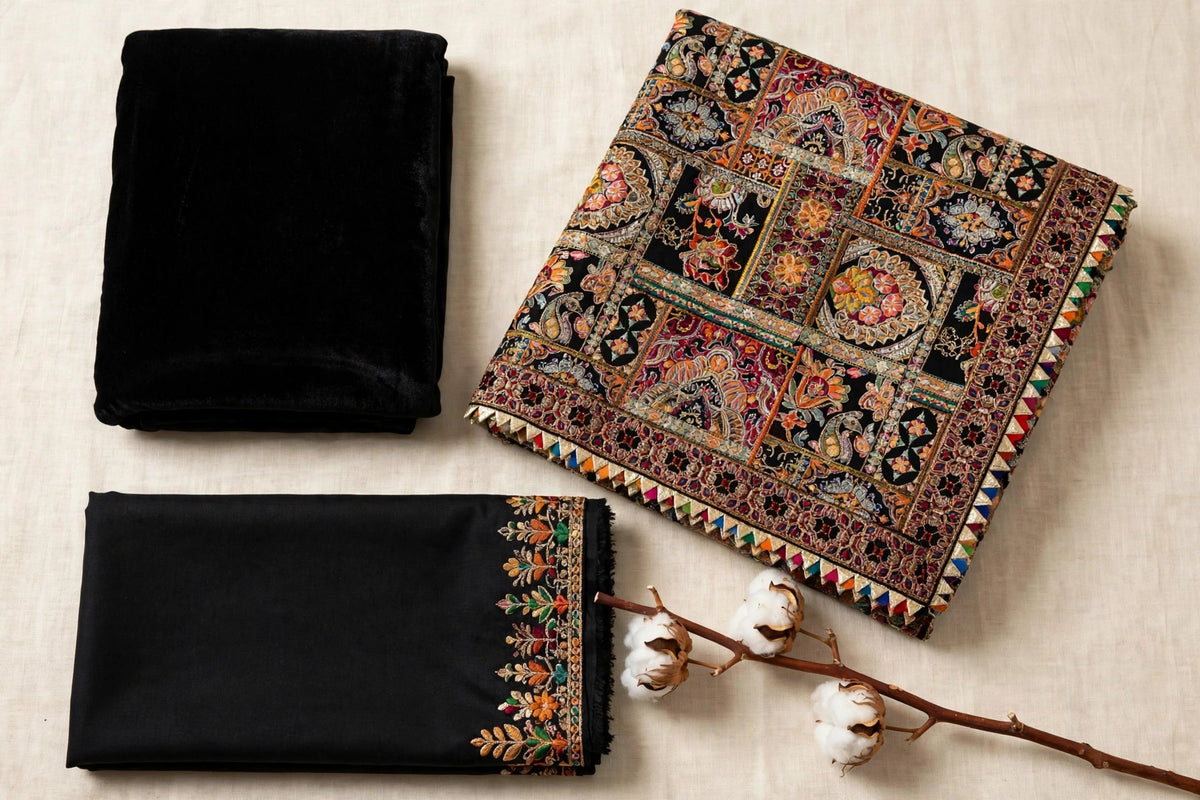 Black Velvet with Karandi Shawl 3-Piece | VN-017