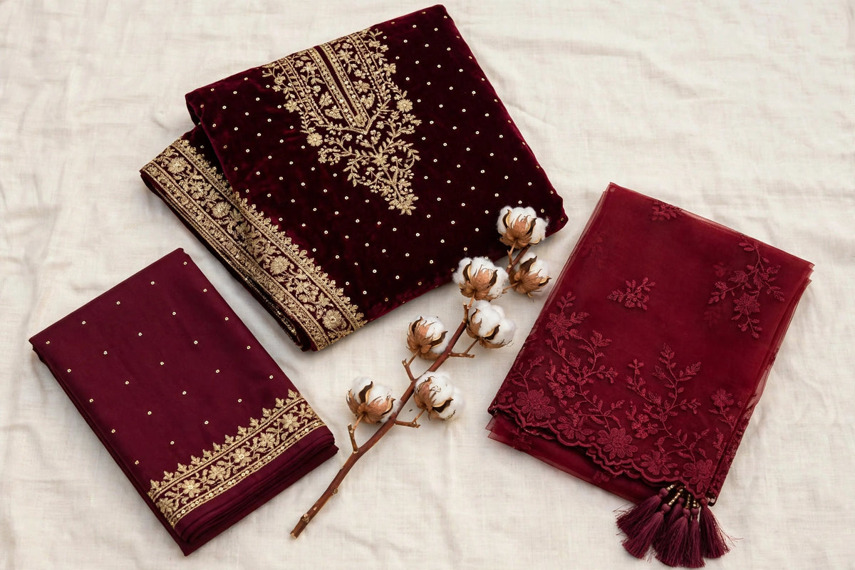 Maroon Velvet with Organza Dupatta 3-Piece | VN-021