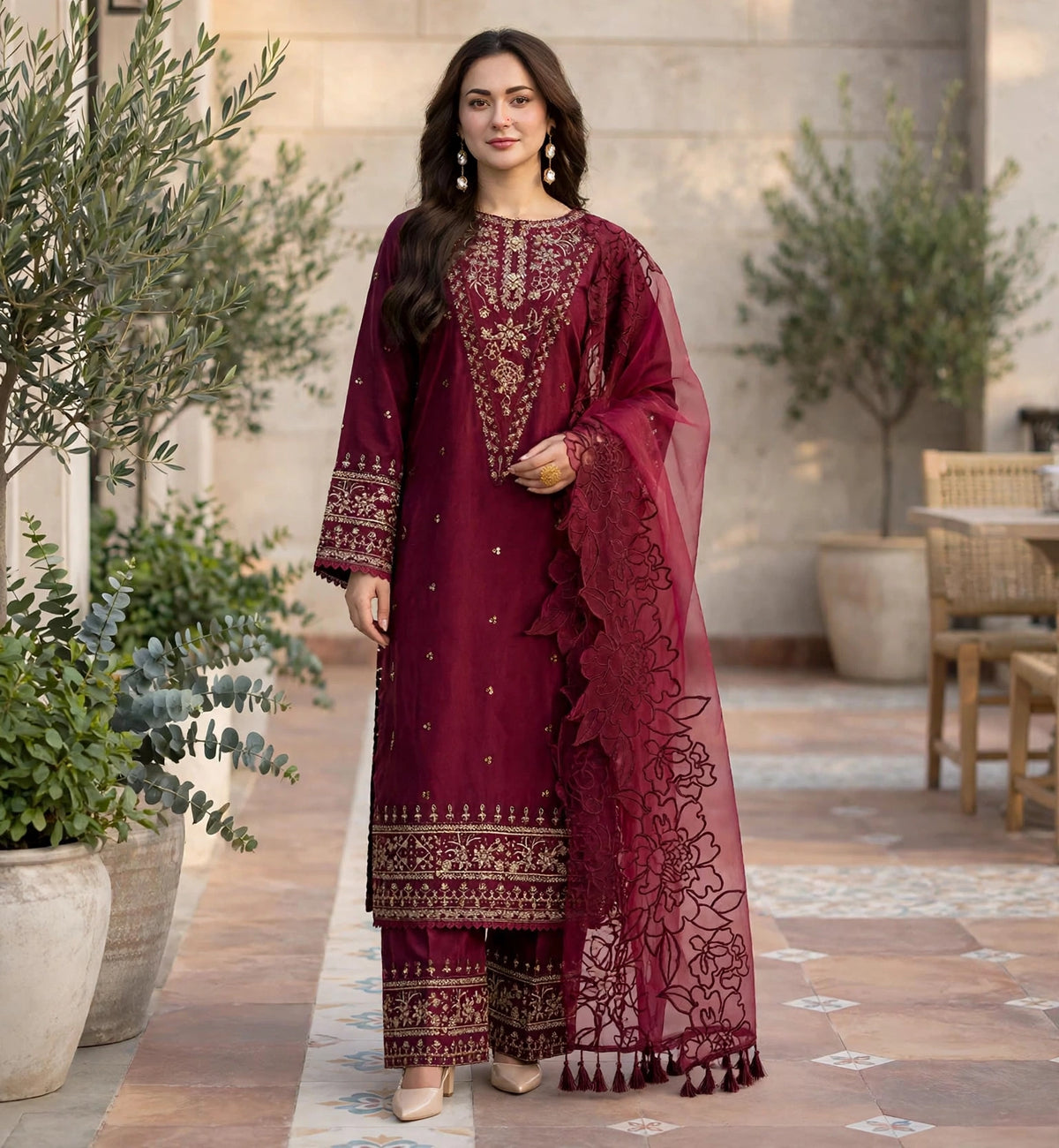Maroon Velvet with Organza Dupatta 3-Piece | VN-021