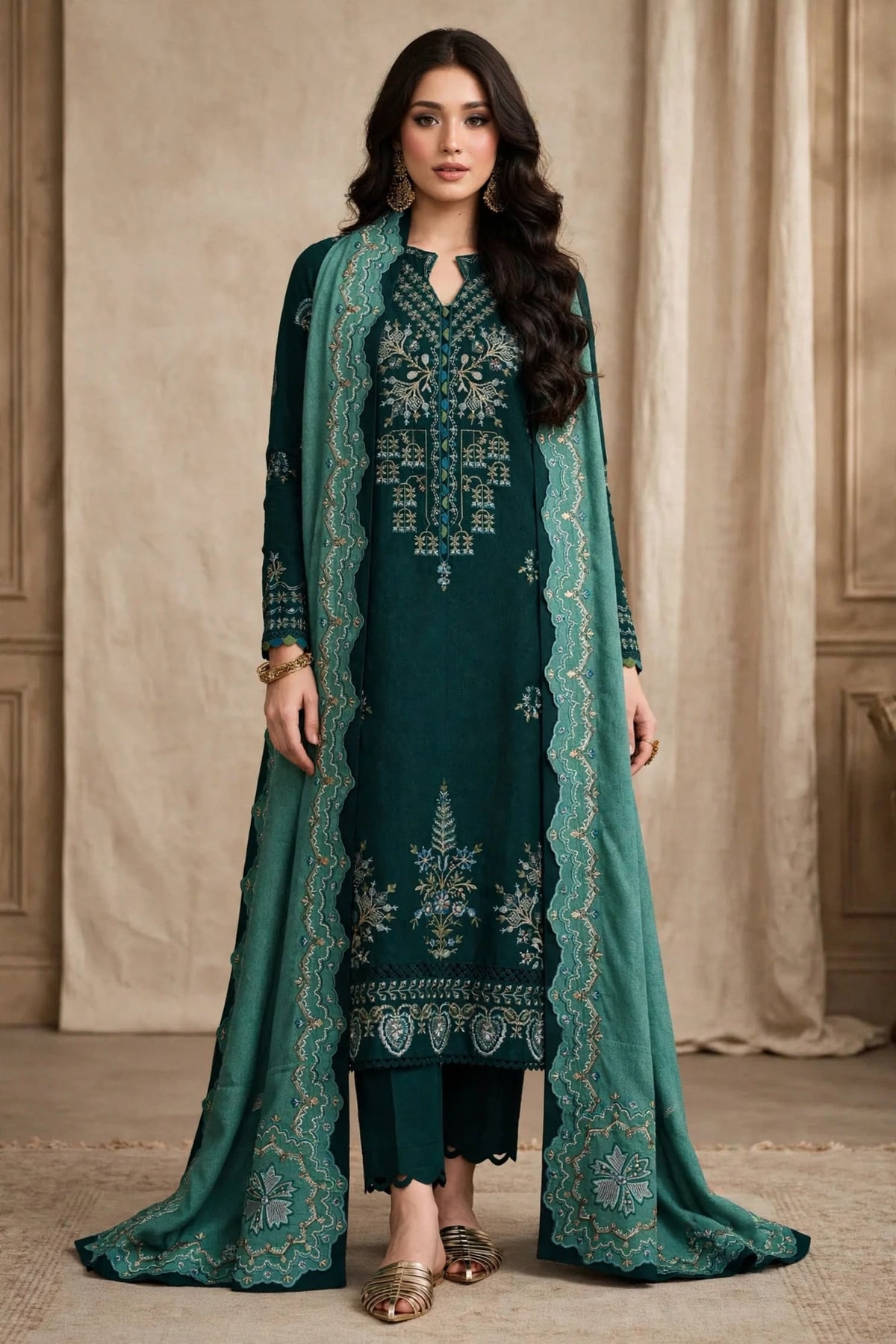 Emerald Green — Silver Embroidered Dhanak 3-Piece | VN-022
