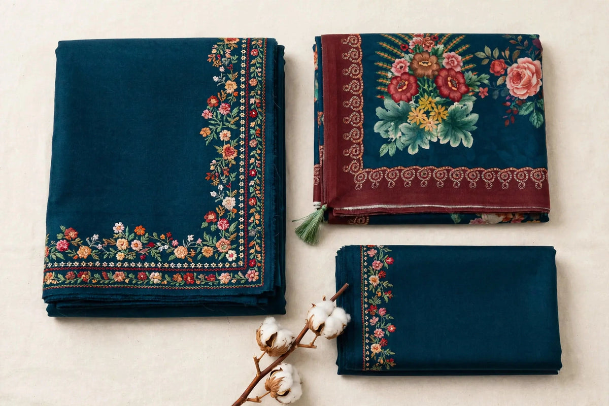 Teal Garden — Teal Floral Embroidered Dhanak 3-Piece | VN-025