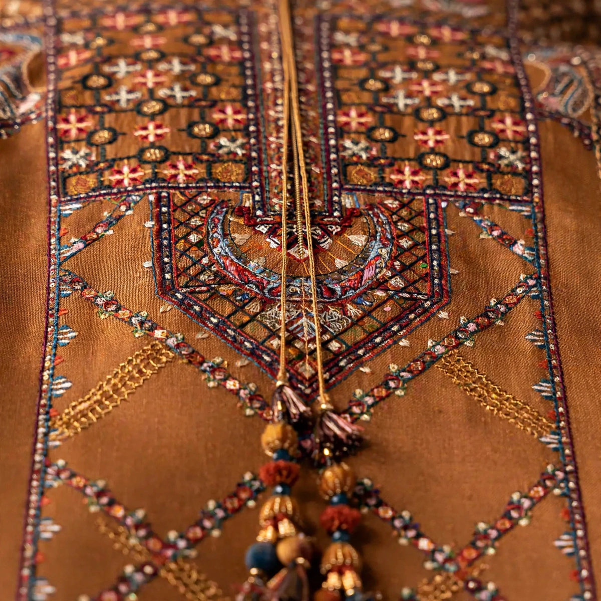 Marigold Noon — Mustard Multicolor Embroidered Dhanak 3-Piece | VN-026