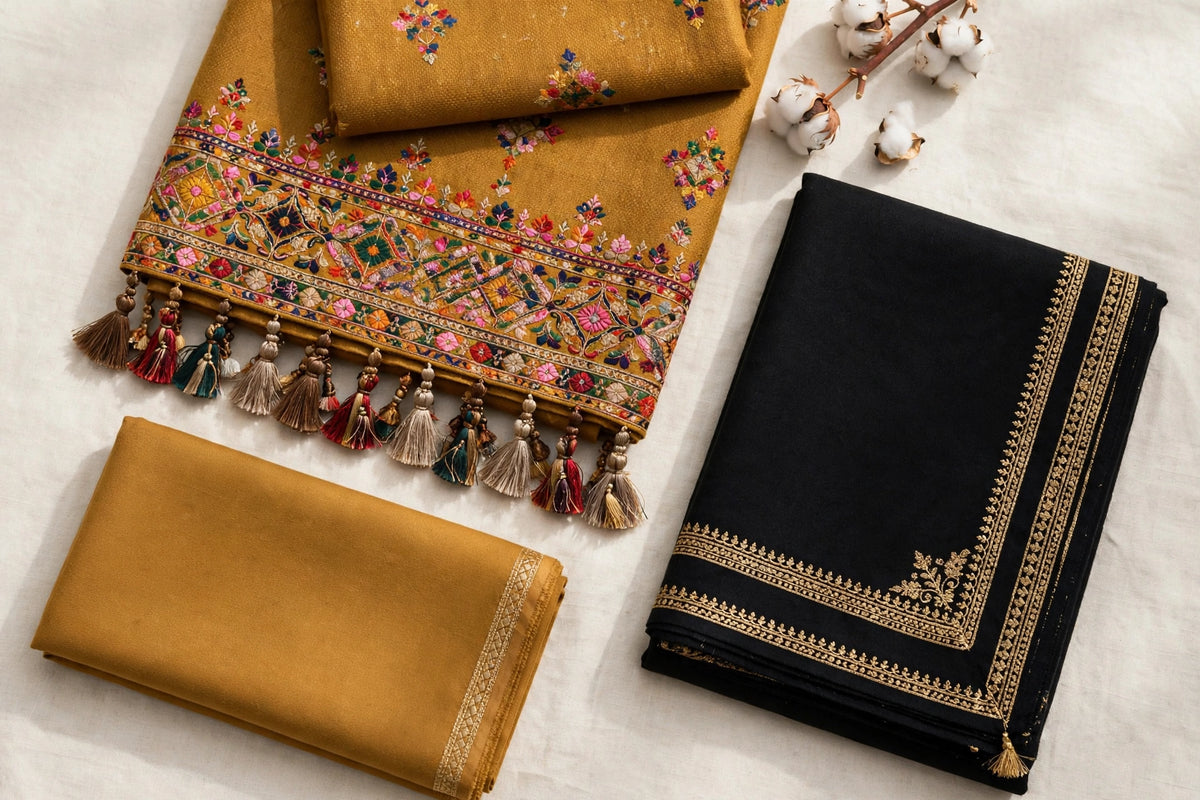 Marigold Noon — Mustard Multicolor Embroidered Dhanak 3-Piece | VN-026