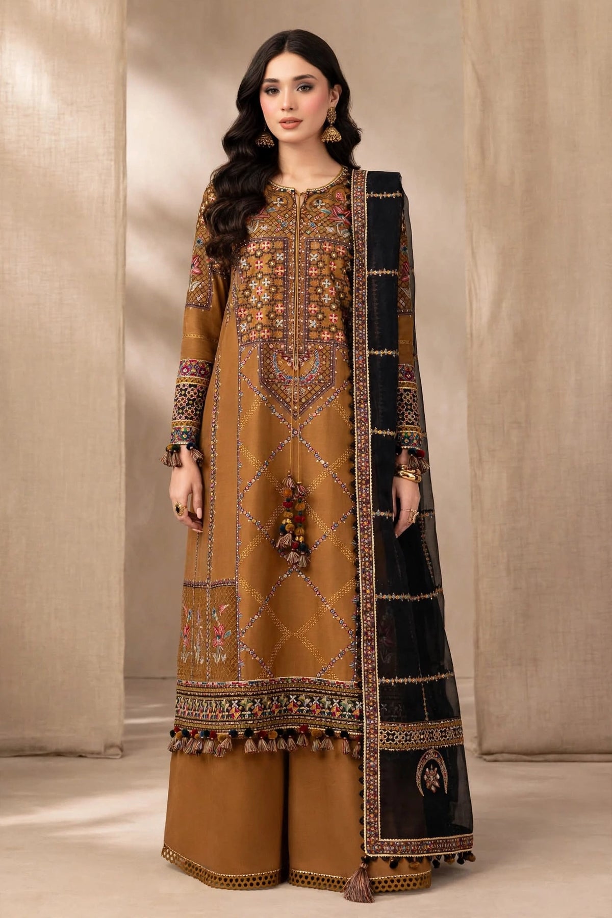Marigold Noon — Mustard Multicolor Embroidered Dhanak 3-Piece | VN-026