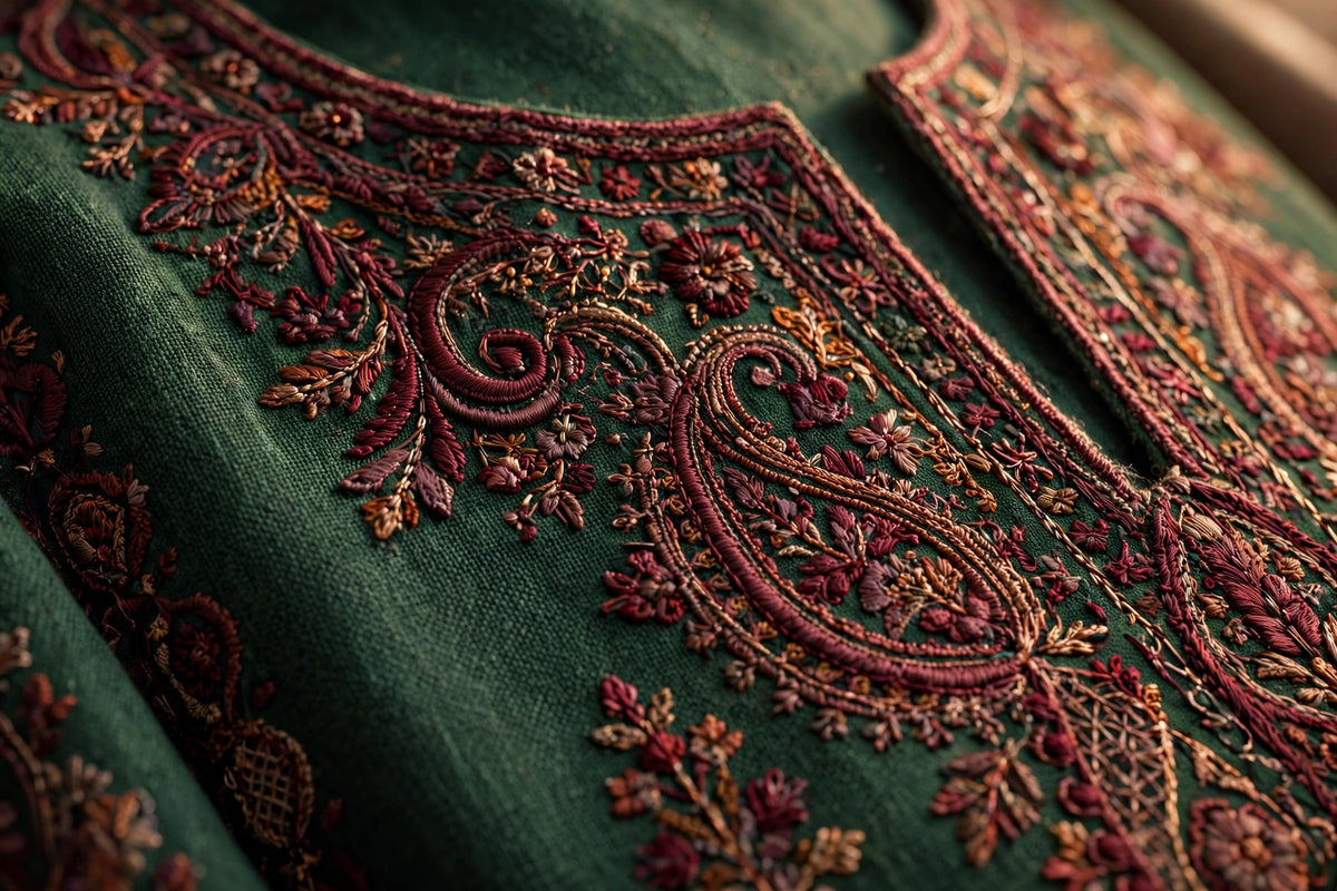 Sabz Bahar — Forest Green Paisley Embroidered Dhanak 3-Piece | VN-027