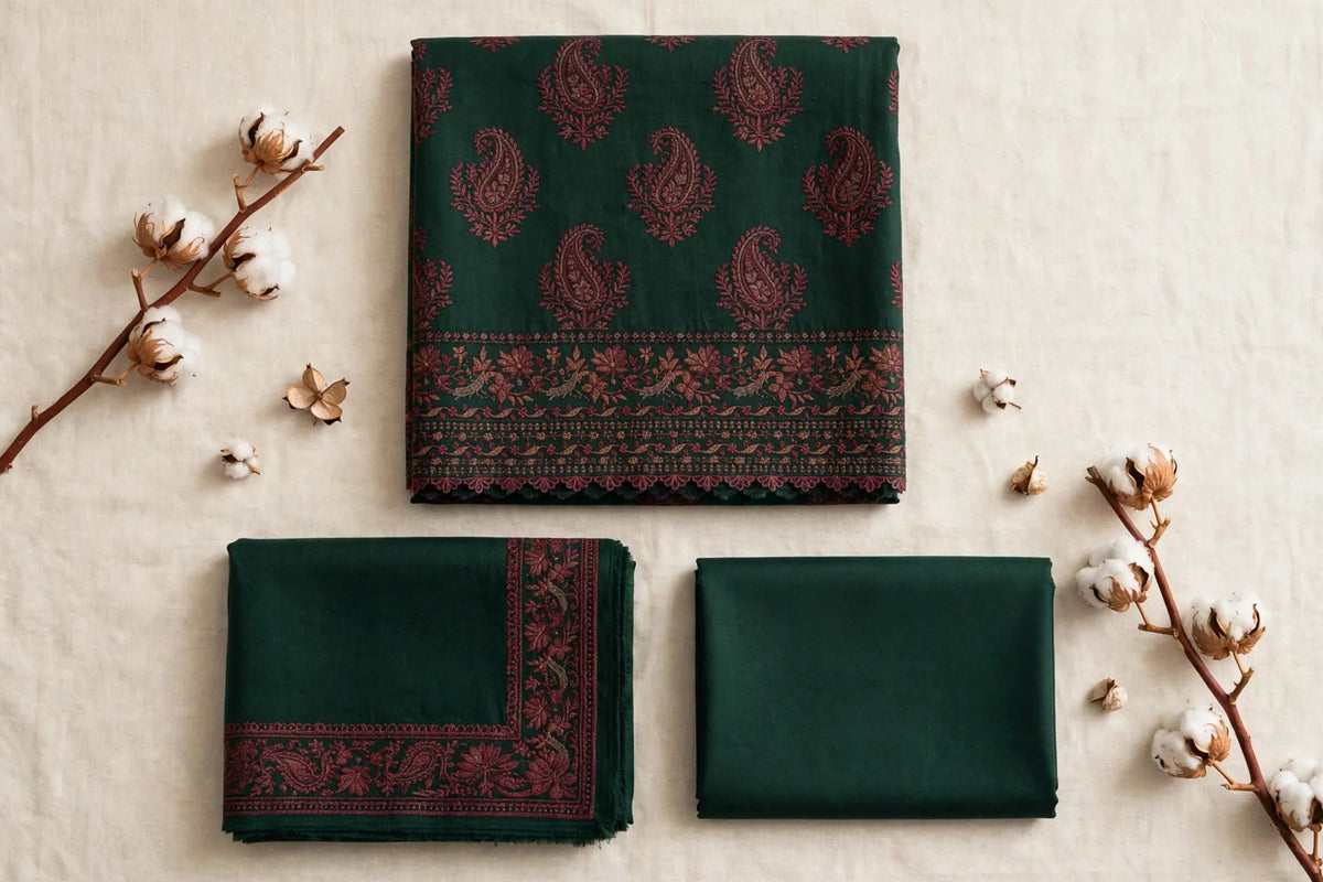 Sabz Bahar — Forest Green Paisley Embroidered Dhanak 3-Piece | VN-027