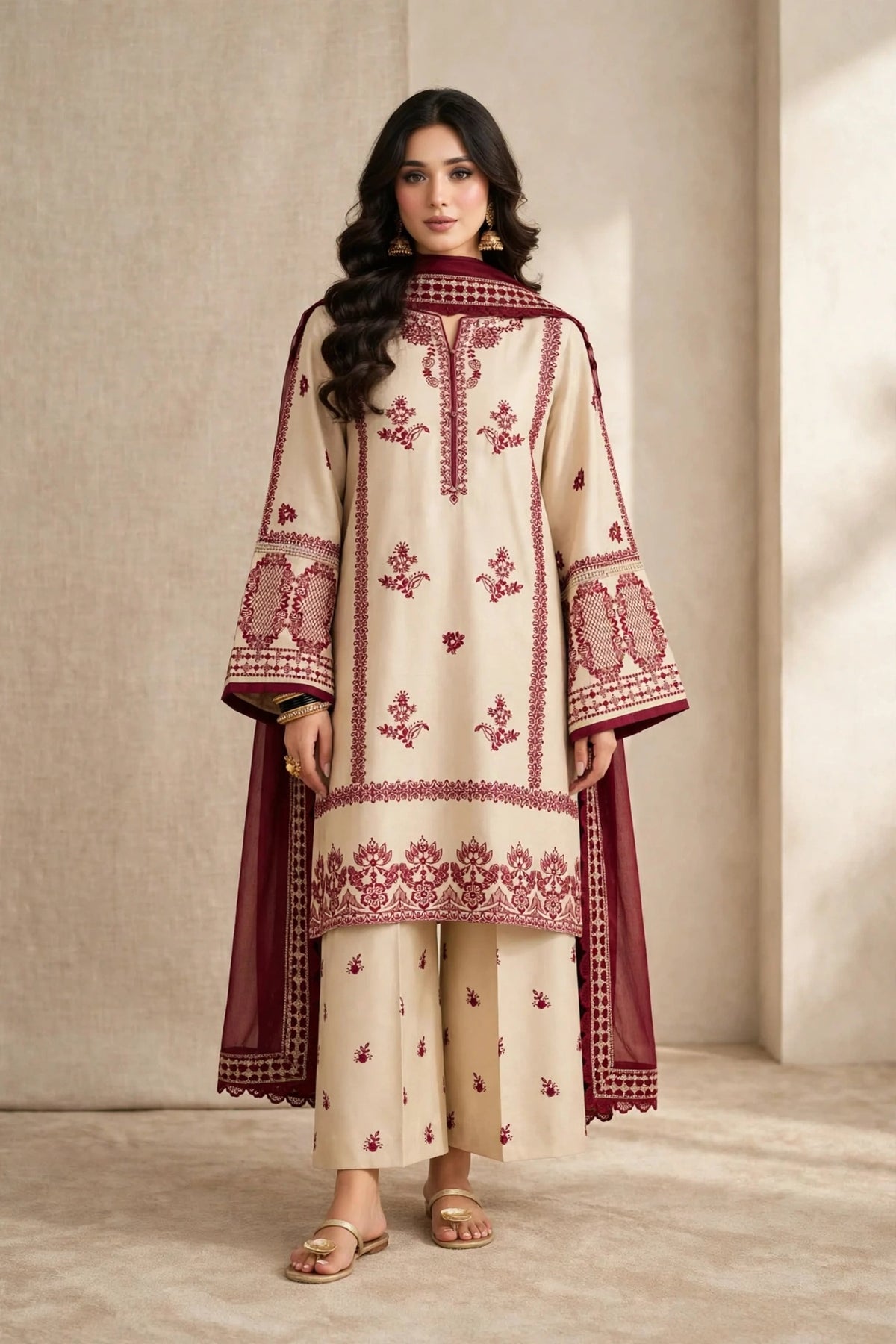 Ivory Gulnar — Ivory Maroon Embroidered Dhanak 3-Piece | VN-028