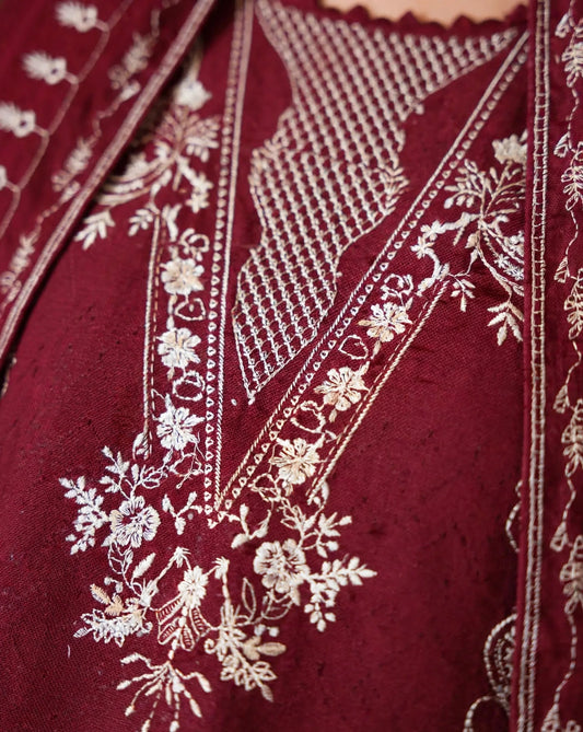 Maroon Chandni — Maroon White Embroidered Dhanak 3-Piece | VN-029