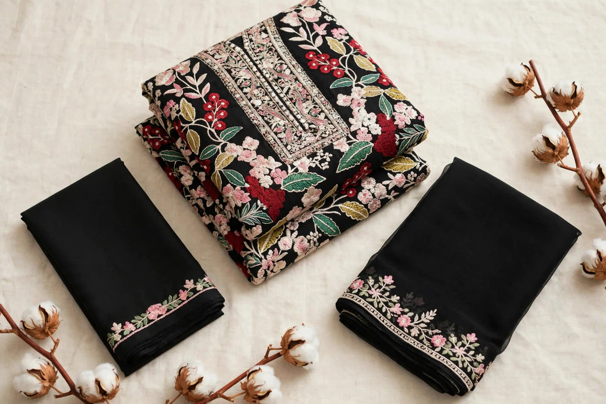 Floral Jaal — Black Embroidered Dhanak 3-Piece | VN-030