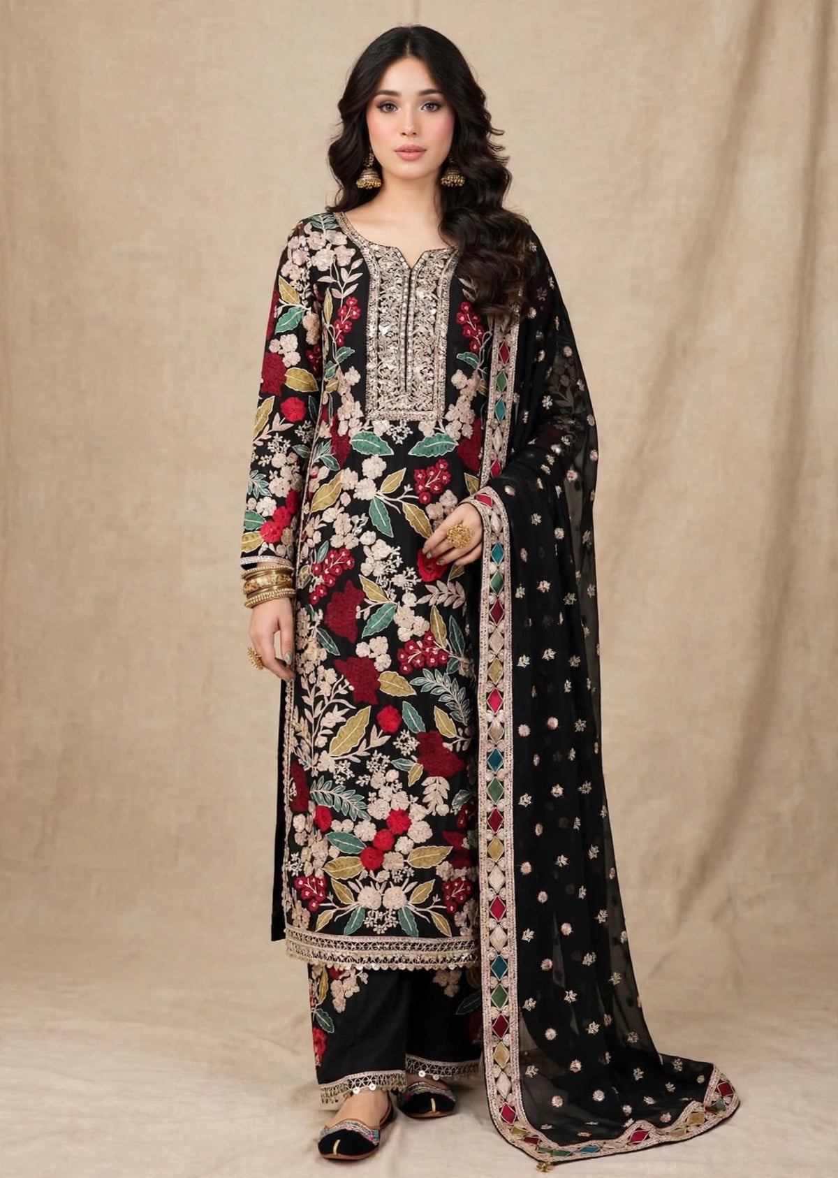 Floral Jaal — Black Embroidered Dhanak 3-Piece | VN-030