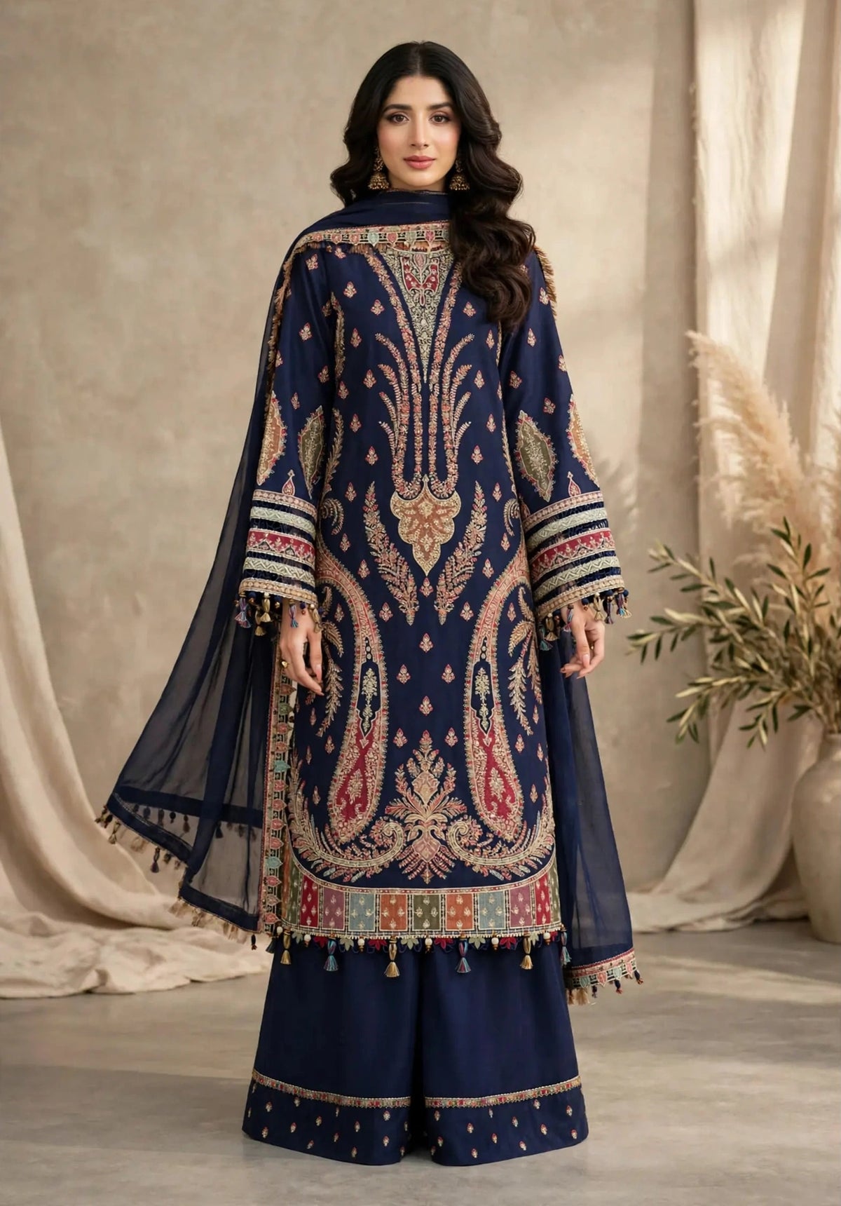 Royal Paisley — Navy Embroidered Dhanak 3-Piece | VN-032
