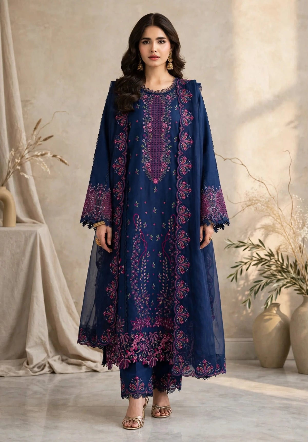Royal Blue Lattice Neckline Embroidered Dhanak 3-Piece | VN-035