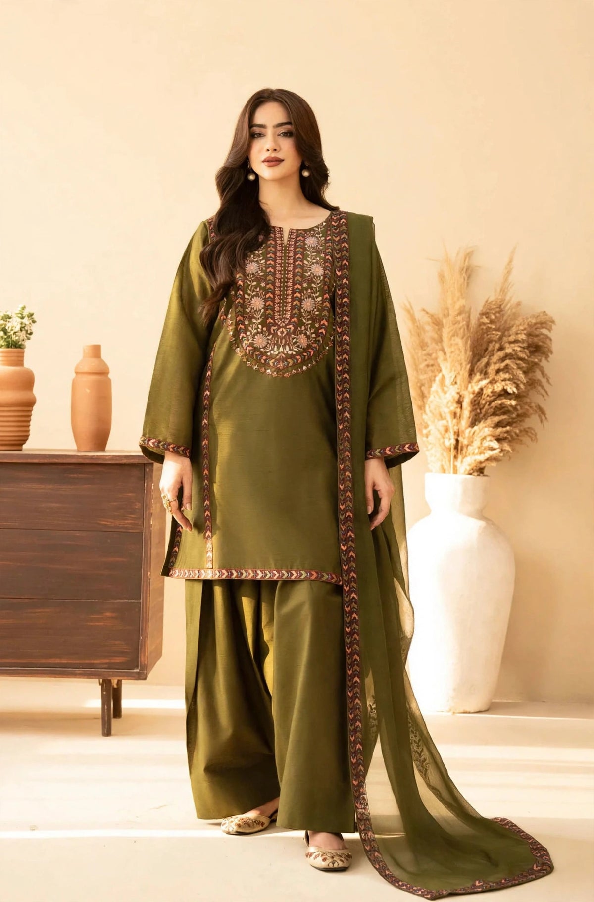 Olive Bronze Floral Embroidered Dhanak 3-Piece | VN-037