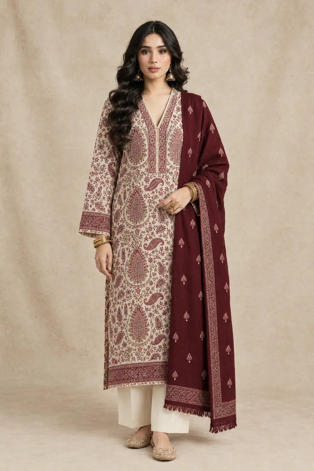 Ivory Paisley — Maroon Embroidered Dhanak 3-Piece | VN-024