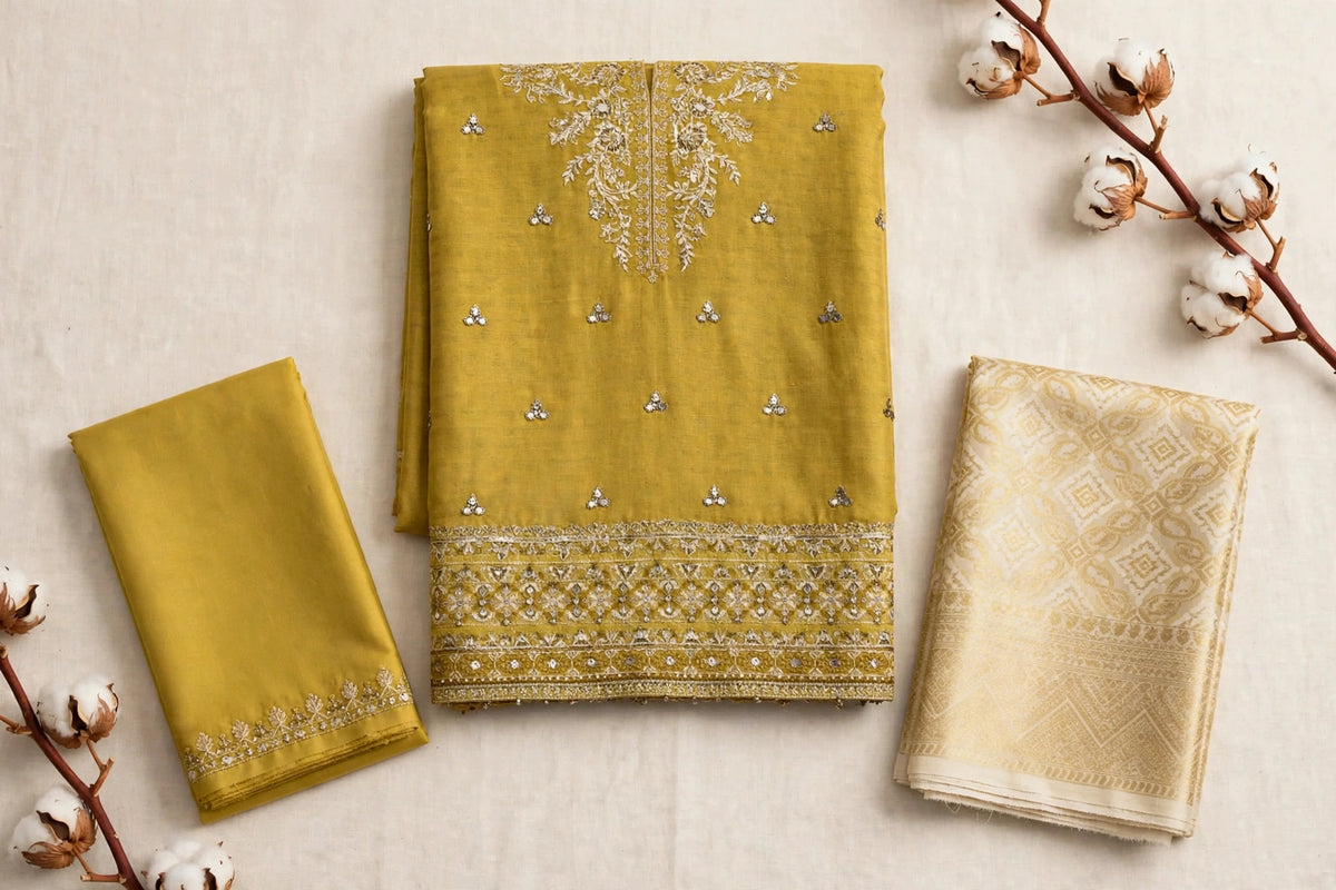 Laam — Lemon & Gold Embroidered Dhanak 3-Piece | VN-006