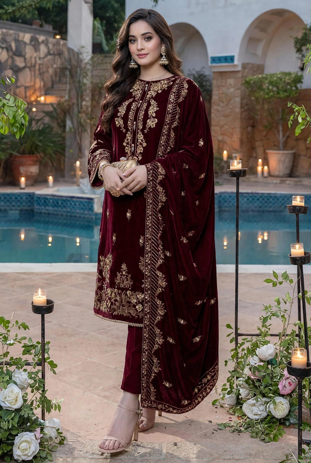 Deep Maroon Gold Velvet 3-Piece | VN-020