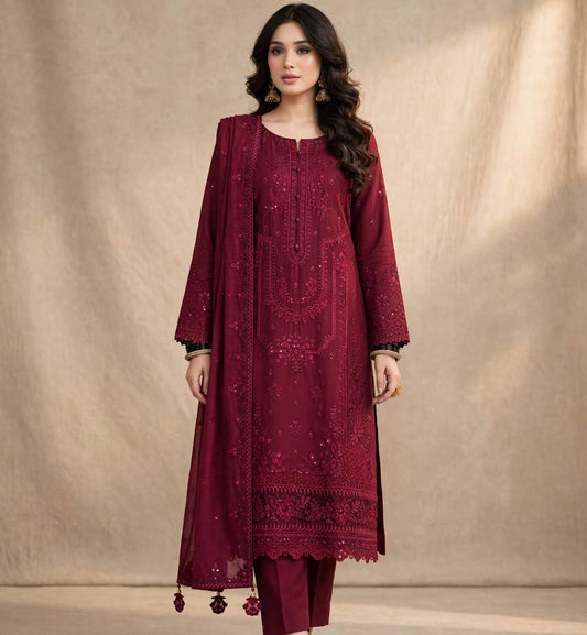 Zarqash — Maroon Sequence Embroidered Dhanak 3-Piece | VN-002