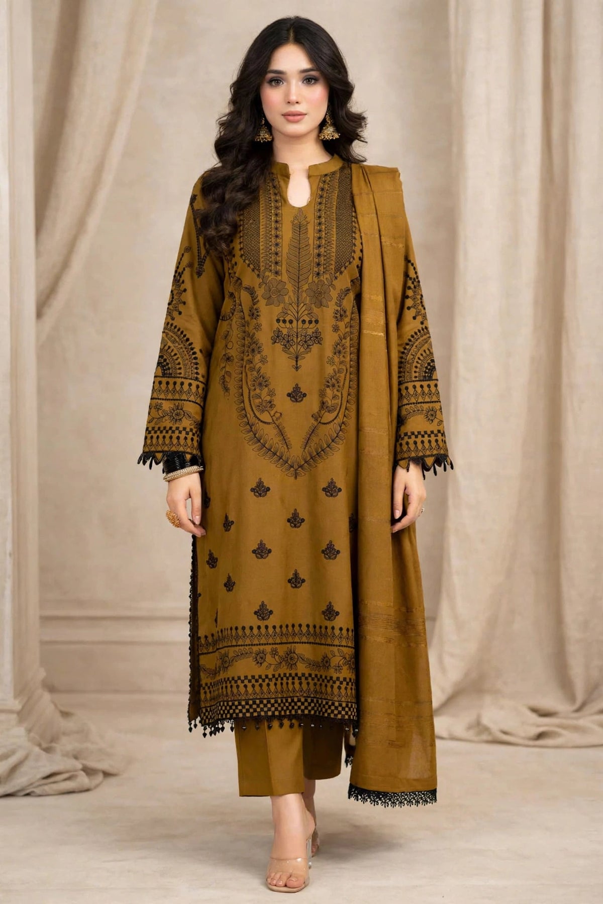 Zarashahjhan — Mustard & Black Embroidered Dhanak 3-Piece | VN-003