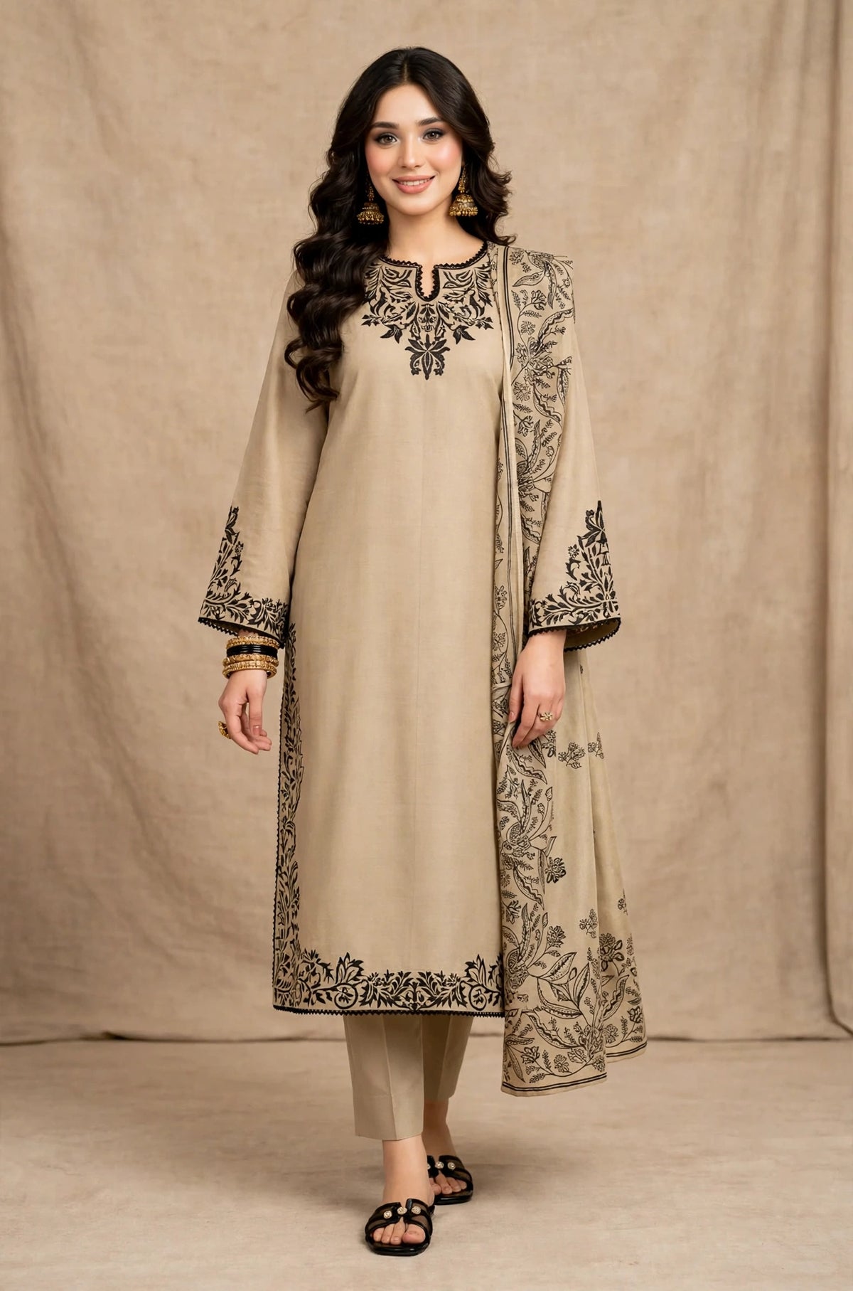 Sapphire — Beige & Black Embroidered Dhanak 3-Piece | VN-004