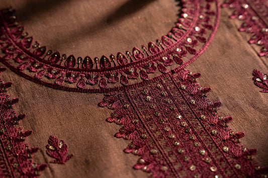 Asim Jofa D-405 — Brown & Maroon Embroidered Dhanak 3-Piece | VN-005