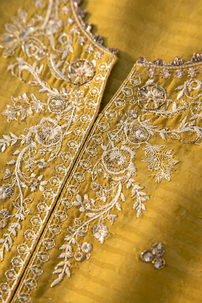 Laam — Lemon & Gold Embroidered Dhanak 3-Piece | VN-006