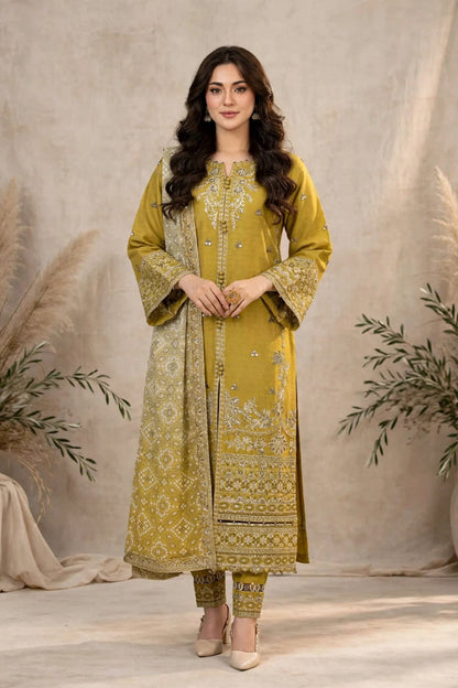 Laam — Lemon & Gold Embroidered Dhanak 3-Piece | VN-006