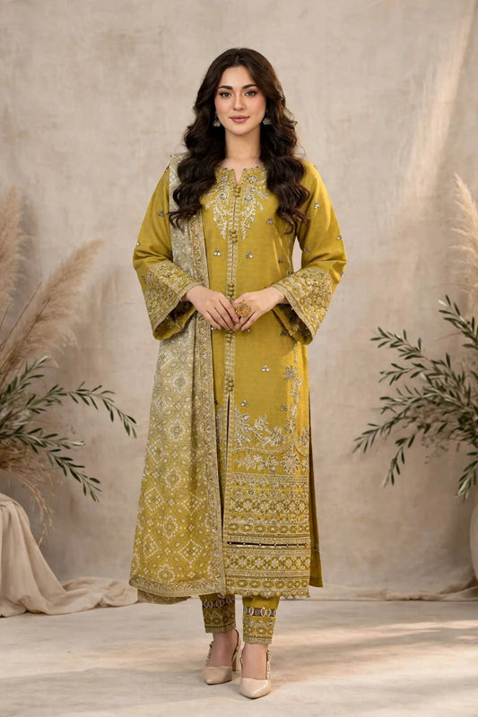 Laam — Lemon & Gold Embroidered Dhanak 3-Piece | VN-006