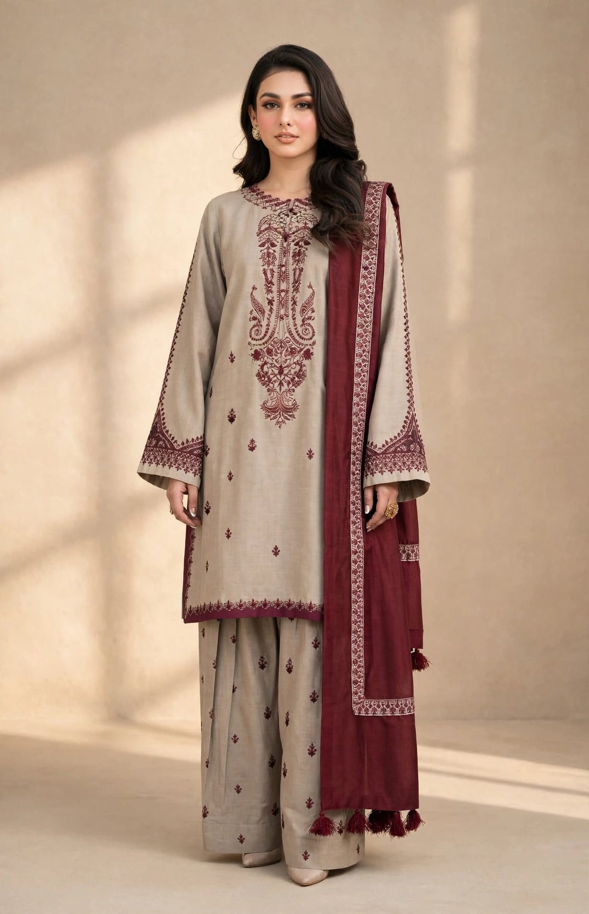 Gulnaar — Beige & Maroon Embroidered Dhanak 3-Piece | VN-001