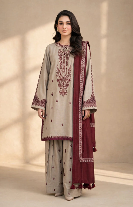 Gulnaar — Beige & Maroon Embroidered Dhanak 3-Piece | VN-001