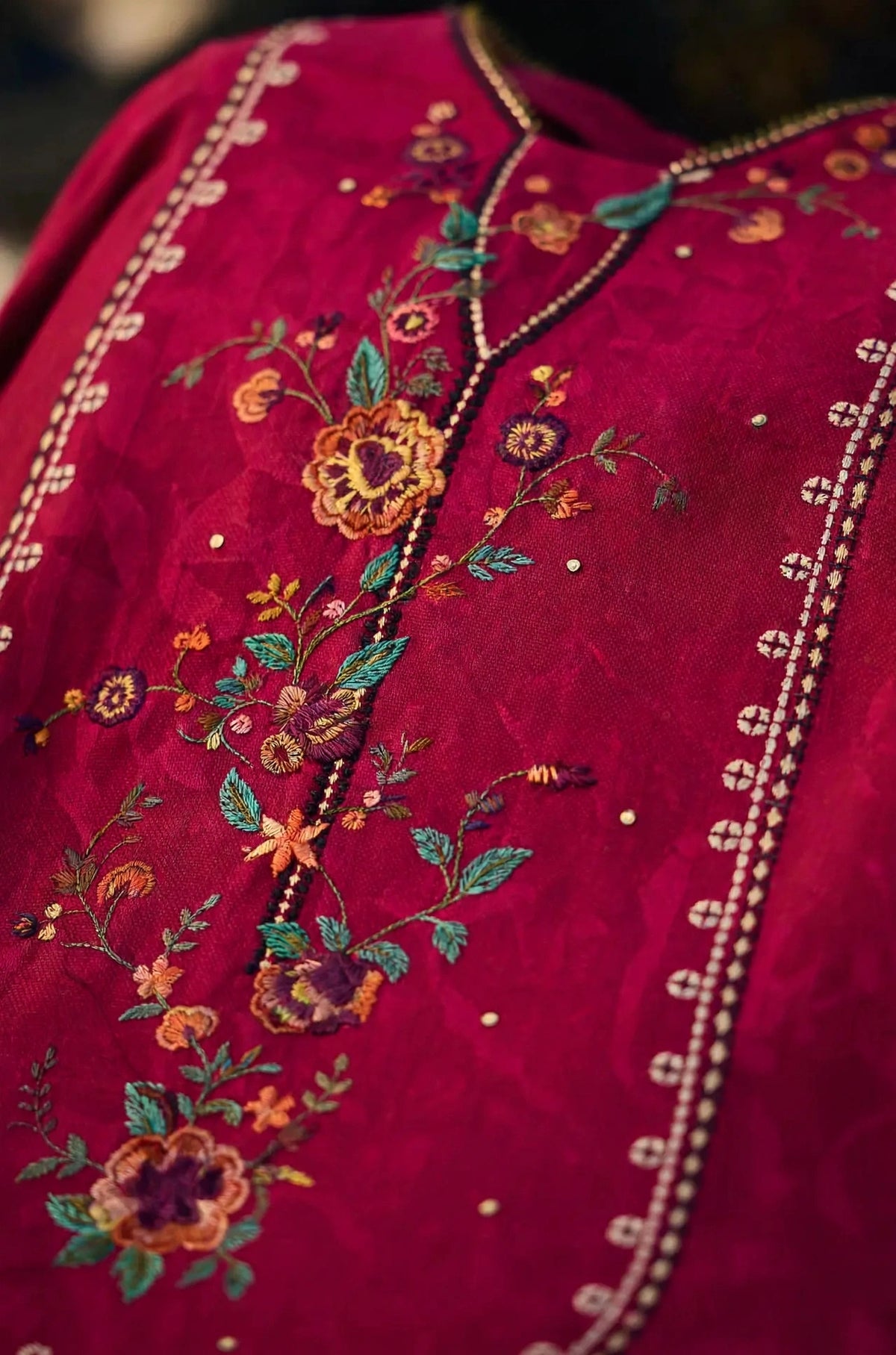 Magenta — Floral Embroidered Dhanak 3-Piece | VN-007