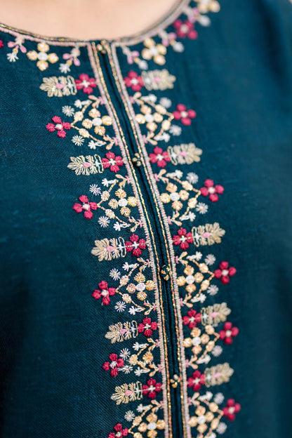 Garnet — Teal & Multicolor Embroidered Dhanak 3-Piece | VN-008