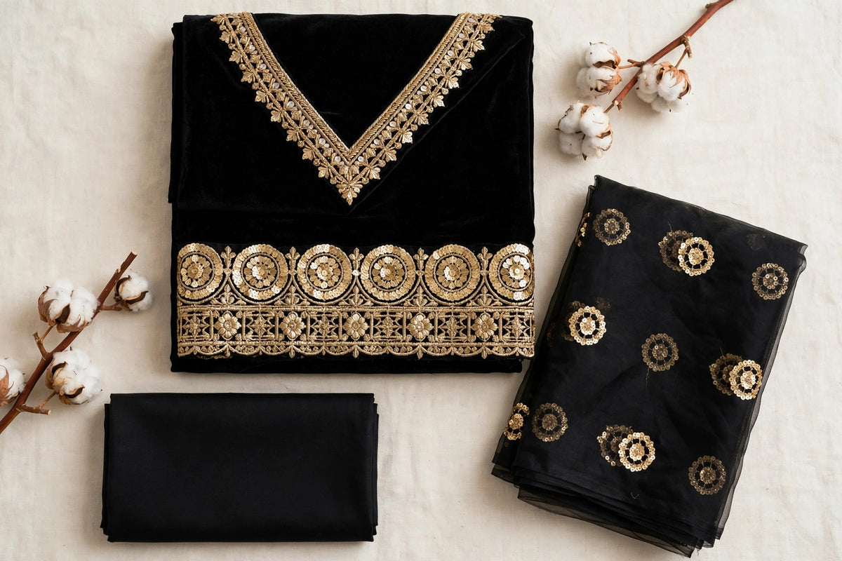 Zainab Chotani ZC-233 — Black & Gold Sequin Velvet 3-Piece | VN-009