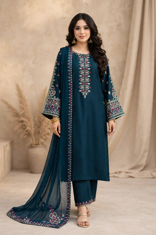 Garnet — Teal & Multicolor Embroidered Dhanak 3-Piece | VN-008