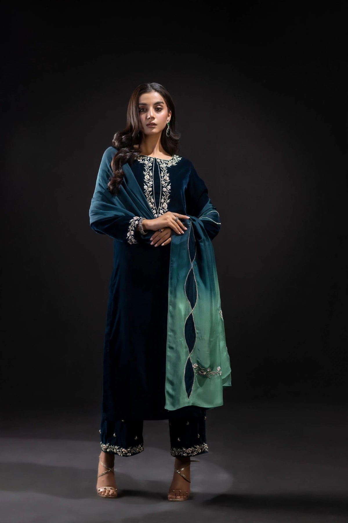 Deep Teal Embroidered Velvet 3-Piece | VN-010