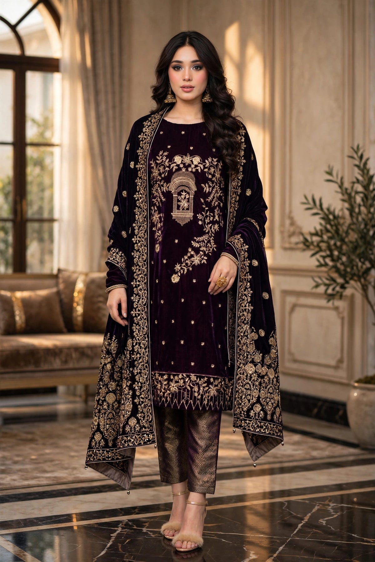 Deep Plum & Gold Velvet 3-Piece | VN-011
