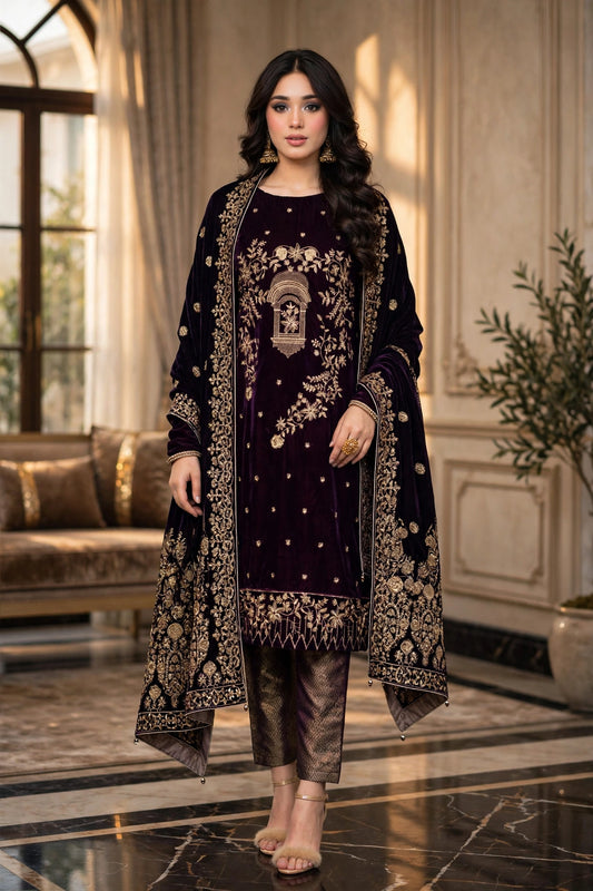 Deep Plum & Gold Velvet 3-Piece | VN-011