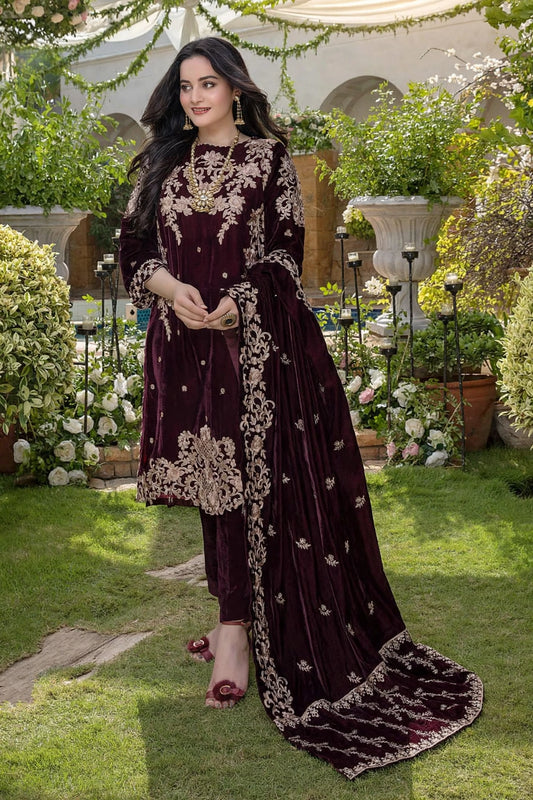 Deep Maroon Floral Velvet 3-Piece | VN-012