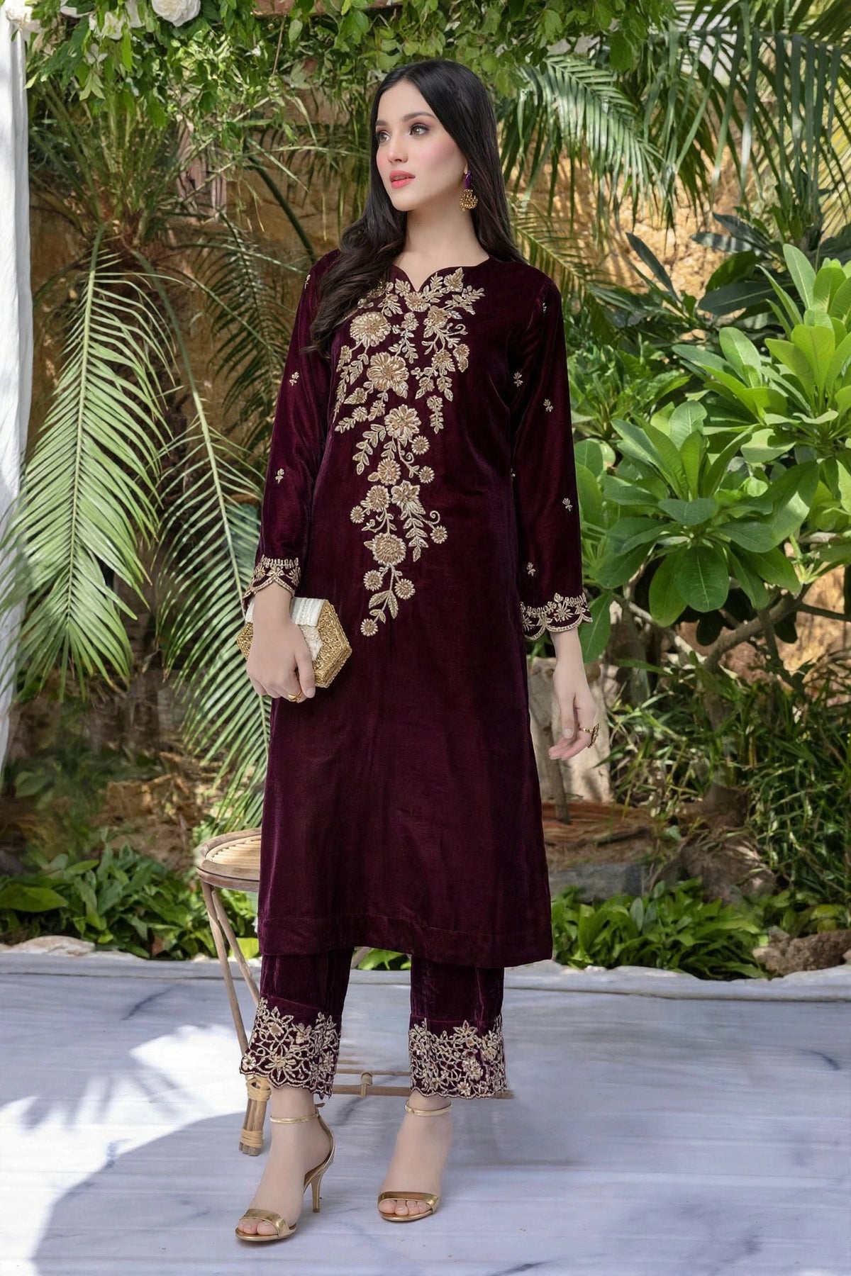 Azure-218 — Deep Maroon Gold Velvet 2-Piece | VN-014