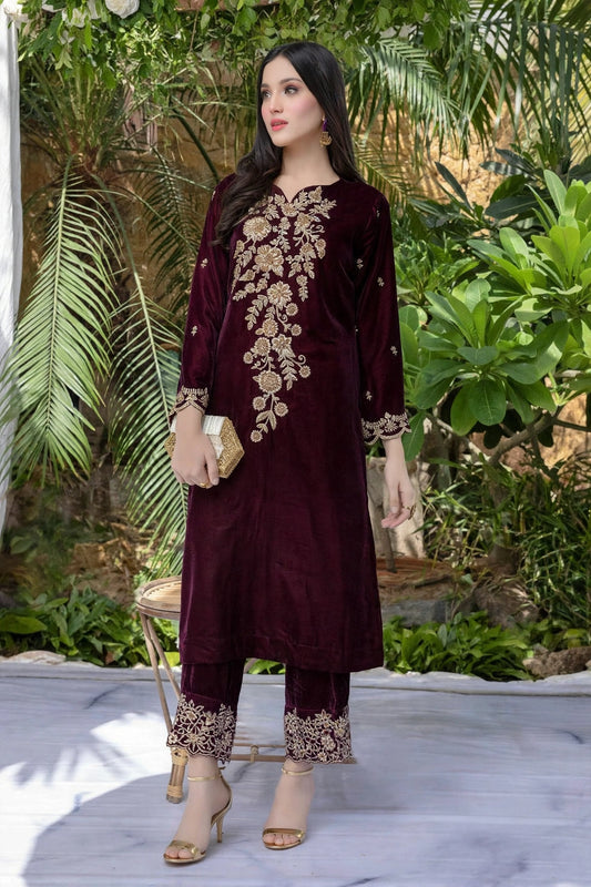 Azure-218 — Deep Maroon Gold Velvet 2-Piece | VN-014